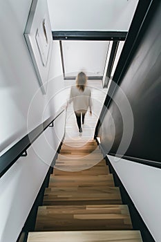 minimalist interior design, white walls with wooden beams on the ceiling, wood staircase, light brown stairs handrail