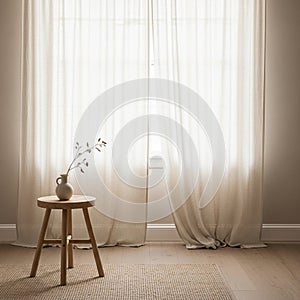 A minimalist interior features a small wooden stool with a round top. On the stool, a