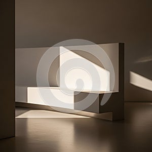 Minimalist interior featuring a modern, geometric bench with clean lines and smooth surfaces. Soft