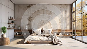 Minimalist interior of modern luxury loft bedroom. Concrete walls, rough wooden bed and side tables, decorative plants