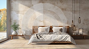 Minimalist interior of modern luxury loft bedroom. Concrete walls, rough wooden bed and side tables, decorative vases