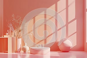 Minimalist interior with monochrome pink decor and geometric shadows