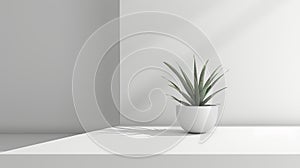 Minimalist interior, potted plant, white room, sunlight shadow