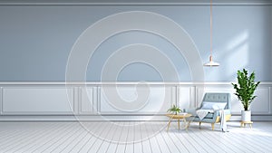 minimalist interior room ,light blue armchair on white flooring and light blue wall /3d render