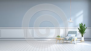 minimalist interior room ,light blue armchair on white flooring and light blue wall /3d render photo