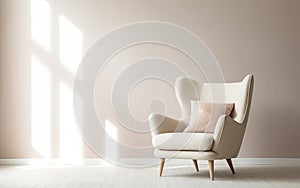 A minimalist interior scene with an armchair set against an empty white wall, highlighting clean and contemporary design