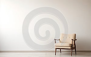 A minimalist interior scene with an armchair set against an empty white wall, highlighting clean and contemporary design
