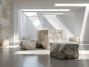 Minimalist interior space featuring raw stone blocks as seating elements illuminated by natural light through modern skylights in