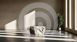 Minimalist interior with textured stone pedestal and natural light