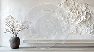 Minimalist Interior with Vase and Textured Wall Art Display