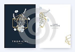 Minimalist invitation card template design, lavandula/lavender and blue Nemophila flowers in golden polygon geometric diamond