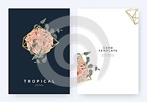 Minimalist invitation card template design, tropical plants and red dahlia flower in golden polygon geometric shape on dark blue