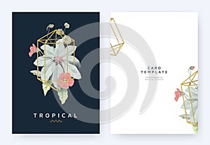 Minimalist invitation card template design, tropical plants and red Tropaeolum flowers in golden polygon geometric shape