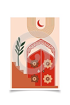 Minimalist islamic arabic style. Moroccan scene. A Moroccan palace, doors, windows and traditional craftsmanship. Terracotta bac