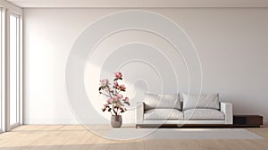 Minimalist Japanese-inspired 3d Rendering Of An Empty Room With A Grey Couch And Flowers