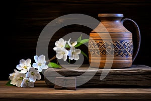 Minimalist japanese interior - clay vase and cherry blossom branch on black background