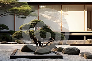 Minimalist, Japaneseinspired Garden With Raked Gravel And Bonsai Trees. Generative AI