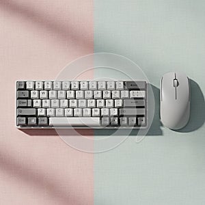 Compact mechanical keyboard and wireless mouse on a light pink textured