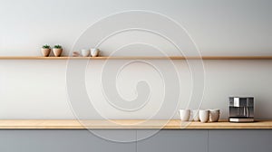 Minimalist Kitchen With 3d Rendered Coffee Pot On Wooden Shelf