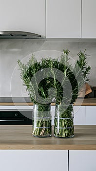 Minimalist kitchen adorned with bundles of fresh green rosemary