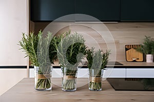 Minimalist kitchen adorned with bundles of fresh green rosemary