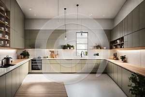 minimalist kitchen with hidden storage solutions and a monochromatic color scheme