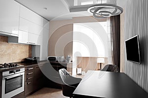 Minimalist kitchen interior with built-in electronics