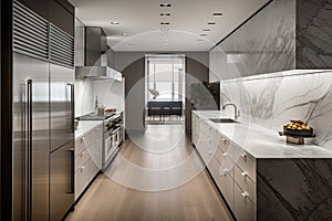 a minimalist kitchen with sleek metallic accents, honed marble countertops, and stainless steel appliances