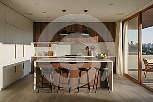 Minimalist kitchen and small pantry captured in morning light