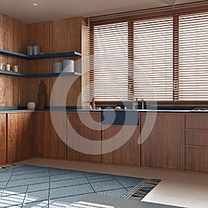 Minimalist kitchen with wooden walls in blue tones. Cabinets and shelves, big window with venetian blinds, carpets and decors.