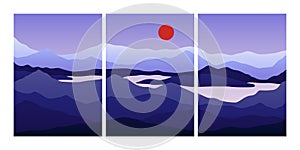 Minimalist landscape collage. Abstract posters mountains lake sea moon sun, contemporary vector wall art design for