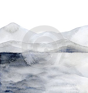Minimalist landscape. Grey blue hills. Abstract mointains. Watercolour illustration on white background. photo
