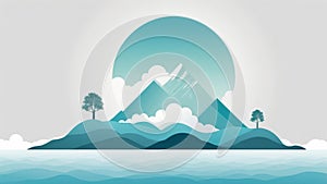 Minimalist landscape illustration with mountains trees and a large blue circle