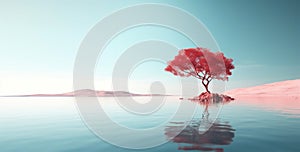 Minimalist landscape with a single tree and water