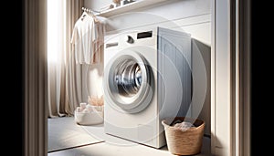 Minimalist laundry room interior bathed with modern front-loading washing machine