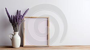 Minimalist Lavender Flowers In Empty Frame On White Wood