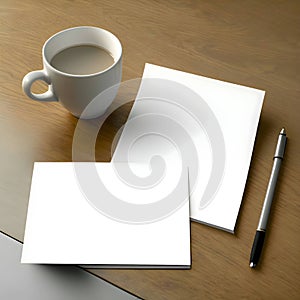 Minimalist layout, white blank sheet, cup, pen