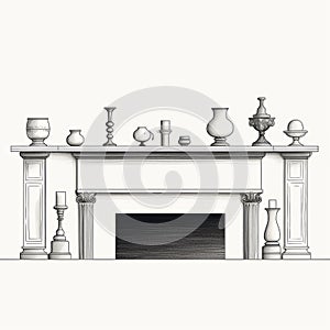 Minimalist Line Drawing Of Mantle Set With Vases - Vector Illustration