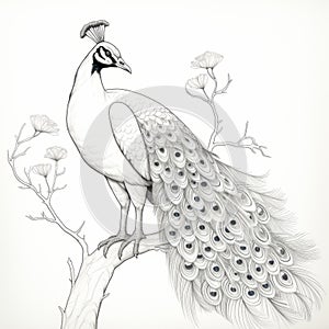 Minimalist Line Drawing Of Peacock Set On White Background