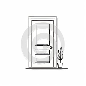 Minimalist Line Drawing Of Small Door With Potted Plant And Tree Illustration