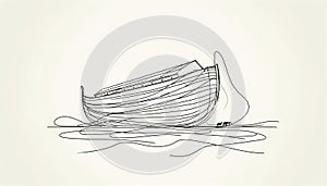 Minimalist Line Drawing of a Wooden Boat on Water with Animals