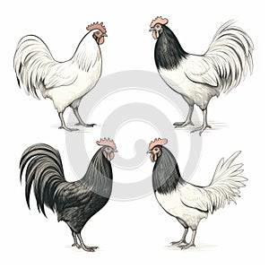 Minimalist Line Drawings Of Rooster Set - Black And White Illustrations photo