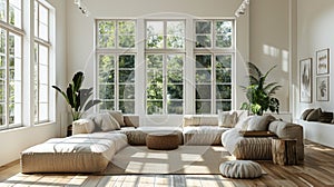 Minimalist Living: Beige Corner Daybed Sofa Against High Ceiling Windows in Modern Home Interior Design