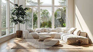 Minimalist Living: Beige Corner Daybed Sofa Against High Ceiling Windows in Modern Home Interior Design