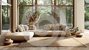Minimalist Living: Beige Daybed Sofa Against High Ceiling Windows in Modern Home Interior Design