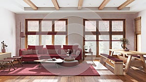 Minimalist living and dining room in white and red tones. Fabric sofa and wooden dining table with benches. Japandi interior