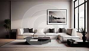 a minimalist living room with a beige couch, white walls, and a black coffee table, Generative AI, illustration