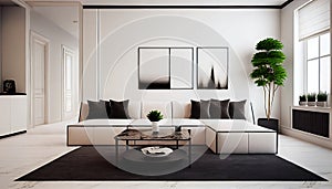 a minimalist living room with a beige couch, white walls, and a black coffee table, Generative AI, illustration