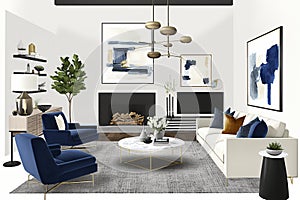 A minimalist living room with clean lines, featuring pops of bold blue, neutral colors, and simple decor