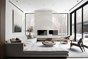 Minimalist living room with clean lines, neutral colours and simple decor